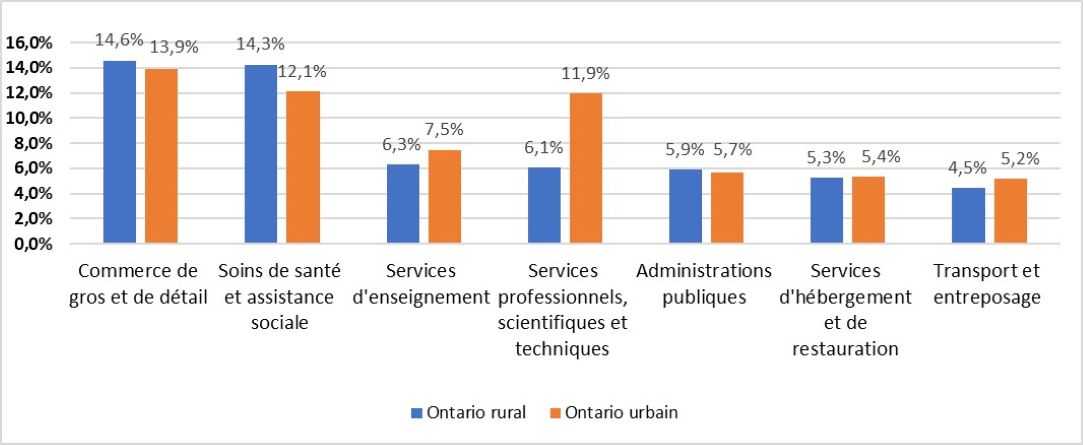 Ce graphique montre la contribution des sept principales industries de services à l’emploi total dans les régions rurales et urbaines de l’Ontario. Le secteur qui contribue le plus à l’emploi total dans les zones rurales est celui commerce de gros et de détail suivi des soins de santé et de l’assistance sociale et des services d’enseignement, des services professionnels, scientifiques et techniques, de l’hébergement et de la restauration, des administrations publiques et du transport et de l’entreposage.