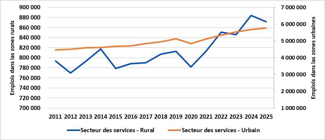 Ce graphique montre l’emploi annuel dans les secteurs des services des régions rurales et urbaines de l’Ontario de 2006 à 2024. Environ 70 % des emplois des régions rurales de l’Ontario se situent dans le secteur des services.