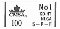 Facsimile of a CMSA grade mark featuring a stylized maple leaf logo, association acronym, the number 100, grade No 1, treatment KD-HT, grading rule NLGA, and species S-P-F.
