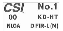 Facsimile of a CSI grade mark showing the agency logo, the number 00, grade No.1, treatment KD-HT, grading rule NLGA, and species D FIR-L (N).