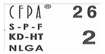 Facsimile of a CFPA grade mark showing the association acronym, the numbers 26 and 2, species S-P-F, treatment KD-HT, and grading rule NLGA.
