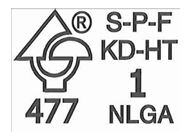 Facsimile of a CIFQ (Quebec Forest Industry Council) grade mark featuring a circular logo with a stylized tree, species S-P-F, treatment KD-HT, a large number 1, the number 477, and grading rule NLGA.
