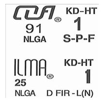 Facsimile of a COFI grade mark featuring the association logo, the number 91, grading rule NLGA, species S-P-F, treatment KD-HT, and a large number 1.