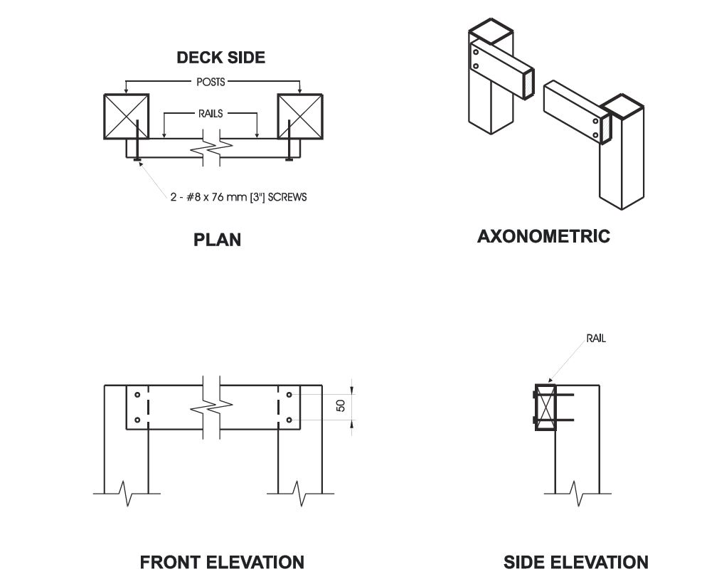 Detail EA-4 composite construction diagram. The first view is a plan-view construction diagram labeled Deck Side, showing two posts connected by rails, with two number 8 by 76 mm screws fastening each post to the rail at each connection. The second view is an axonometric construction drawing showing two wood post-and-rail corner connections, with each rail notched and screwed into the side face of the post. The third view is an elevation diagram showing two wood guard posts connected by a horizontal rail, with a 50 mm dimension labeled and bolt holes indicated on each post. The fourth view is an elevation diagram showing a single wood guard post with a horizontal rail attached at mid-height using a bolted connection detail, with the horizontal member labeled as rail.