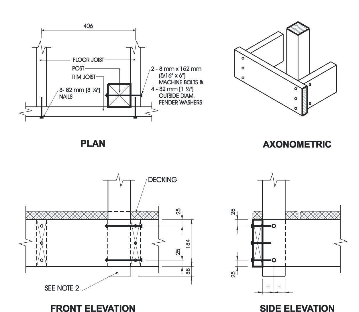 Multi-view construction diagram showing plan, axonometric, front elevation, and side elevation of a deck post connection to floor joist and rim joist using machine bolts with fender washers and nails with specified dimensions.
