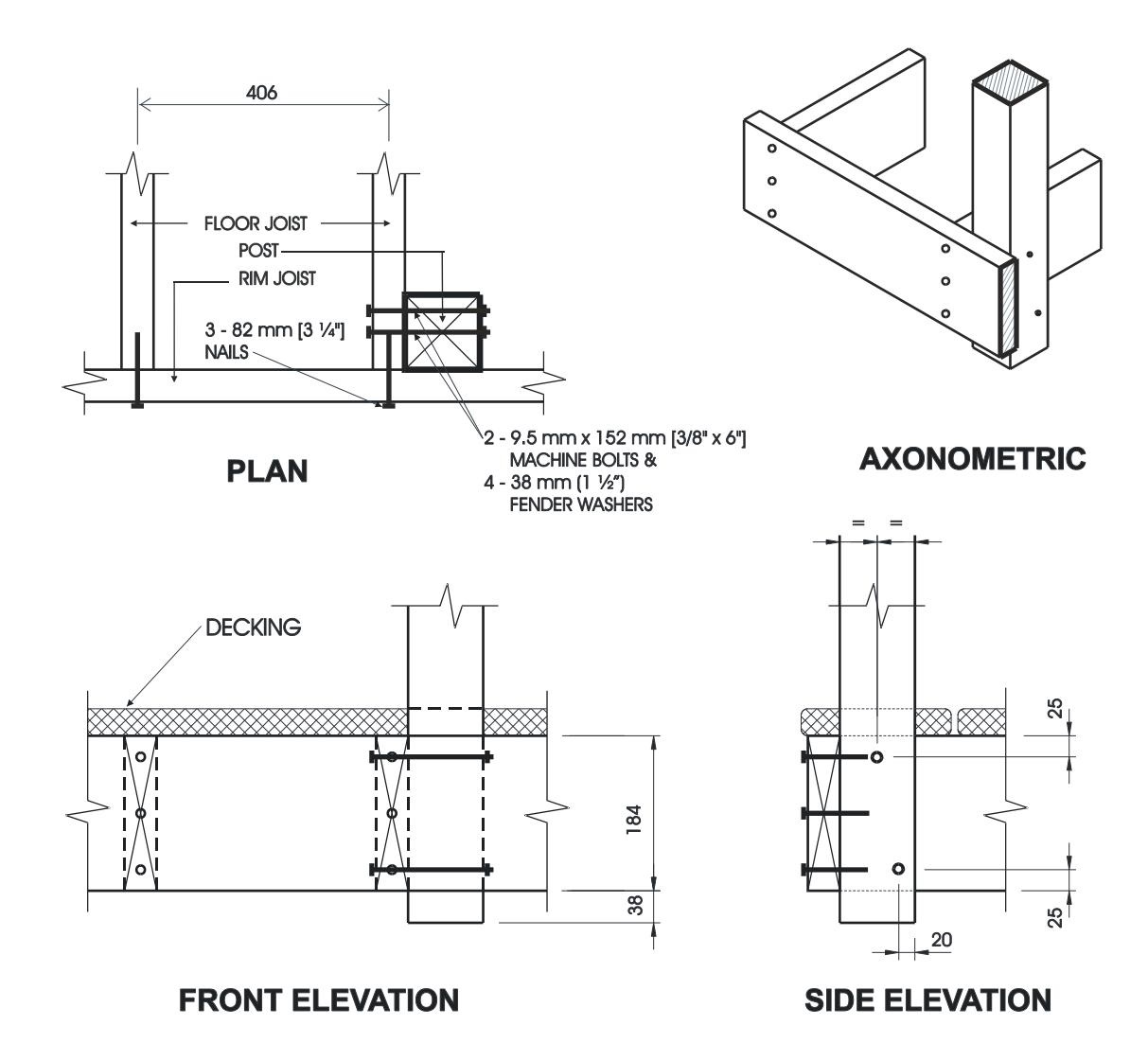 Multi-view construction diagram showing plan, axonometric, front elevation, and side elevation of a deck corner post connection to rim joist and floor joist using 9.5 mm machine bolts with fender washers and nails.