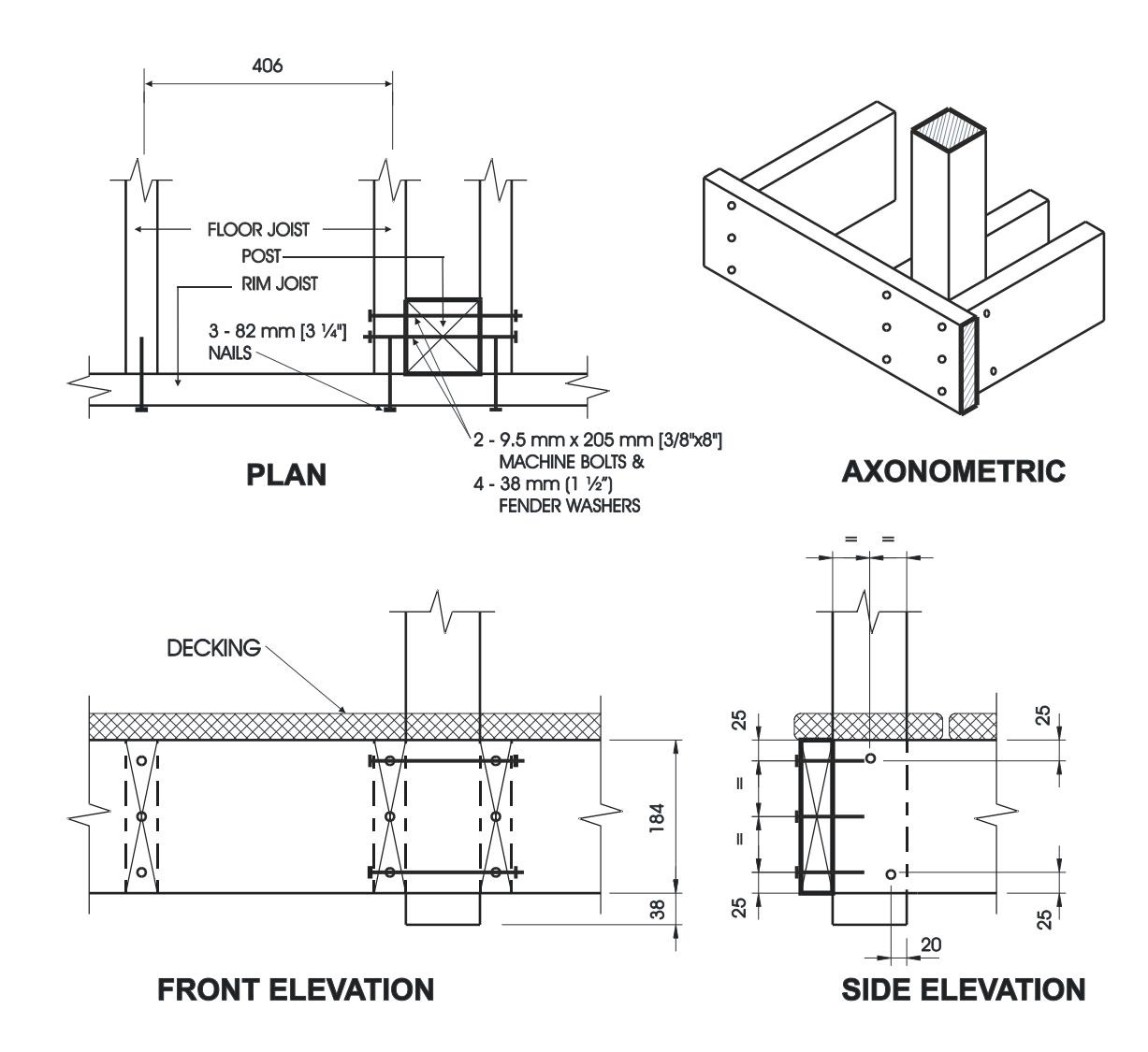 Multi-view construction diagram showing plan, axonometric, front elevation, and side elevation of a deck post connection to rim joist and floor joist using 9.5 mm by 205 mm machine bolts with fender washers and 82 mm nails.