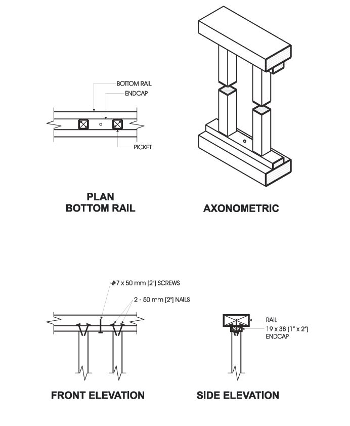 Detail EC-1 composite construction diagram. The first view shows plan and axonometric views of a wood guard assembly with a bottom rail, endcaps and pickets, illustrating how the rail connects to the post. The second view shows front and side elevations of the wood picket guard assembly, focusing on the bottom rail connection detail. It identifies number 7 by 50 mm screws, two 50 mm nails, and a 19 mm by 38 mm endcap used at the connection.
