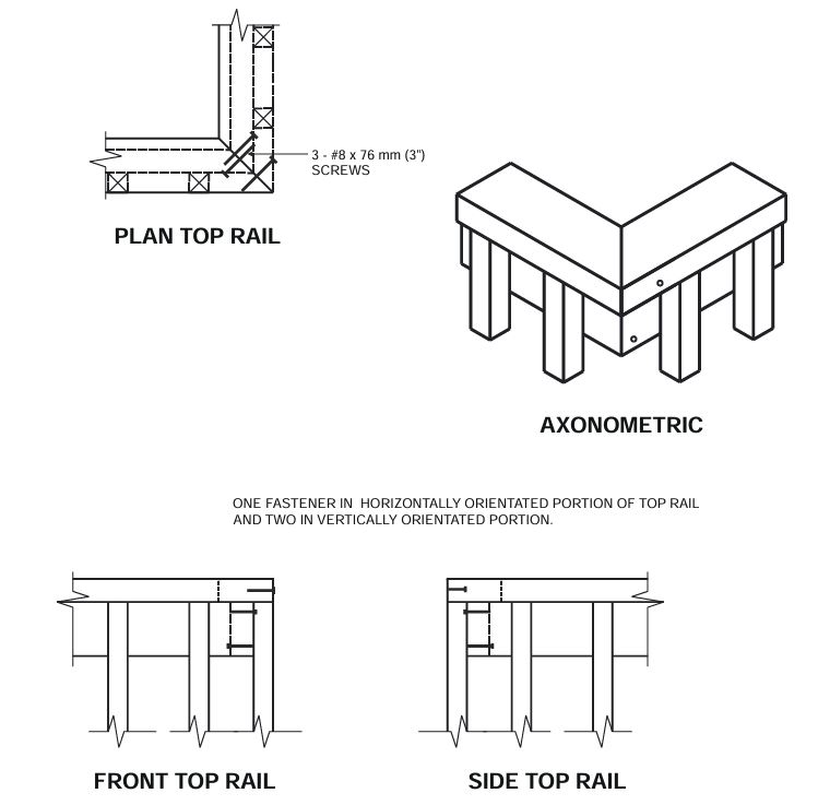 Detail ED-5 composite construction diagram. The first view shows a plan-view top rail detail and an axonometric view of a corner wood guard assembly. It identifies three number 8 by 76 mm screws at the top rail connection and shows the corner assembly in three dimensions with multiple vertical pickets and a cap rail wrapping around the corner. The second view shows front and side elevation diagrams of the corner wood guard top rail connection, illustrating how the rail is fastened to the post from both the front and side views.