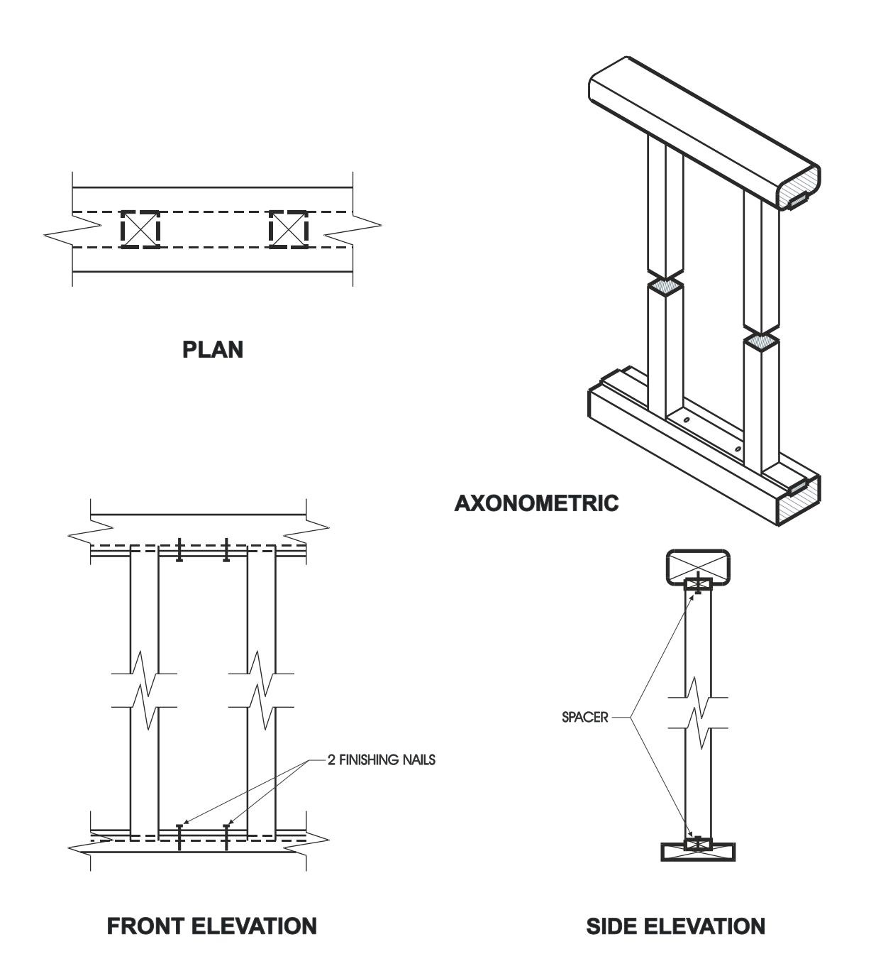 Multi-view construction diagram showing plan, axonometric, front elevation, and side elevation of a wood guard assembly with vertical pickets connected to top and bottom rails using 2 finishing nails and a spacer detail.