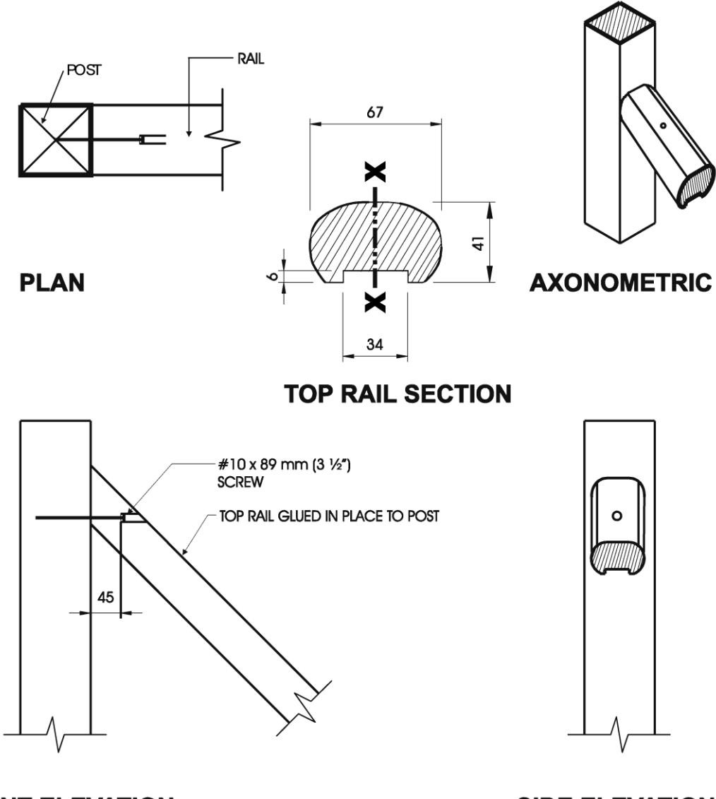 Multi-view construction diagram showing plan, top rail section, axonometric, front and side elevations of a stair handrail with a rounded 67 mm wide by 41 mm tall profile glued to a post and fastened with a number 10 by 89 mm screw at 45 degrees.