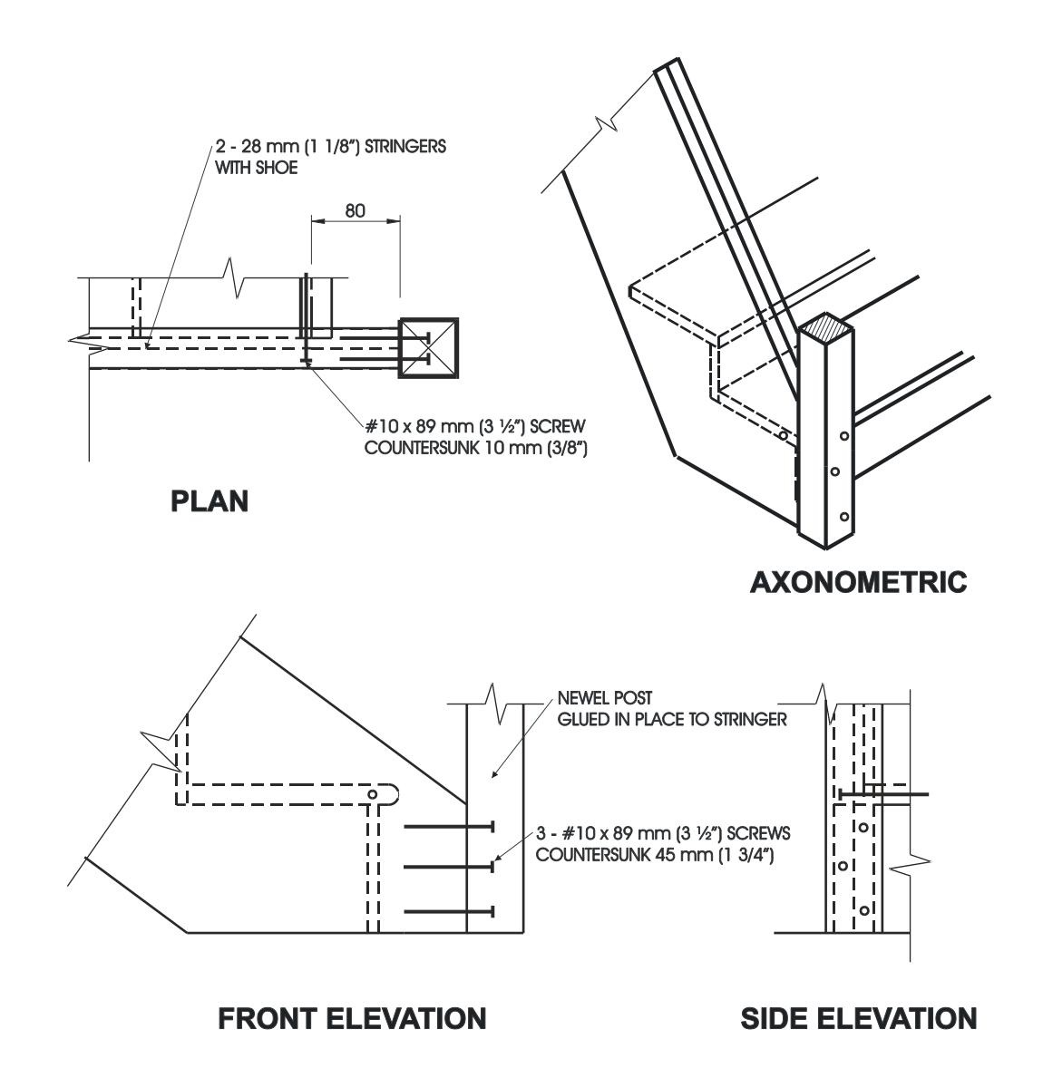 Multi-view construction diagram showing plan, axonometric, front elevation, and side elevation of a newel post glued in place to a stair stringer with a shoe, fastened with number 10 by 89 mm countersunk screws.