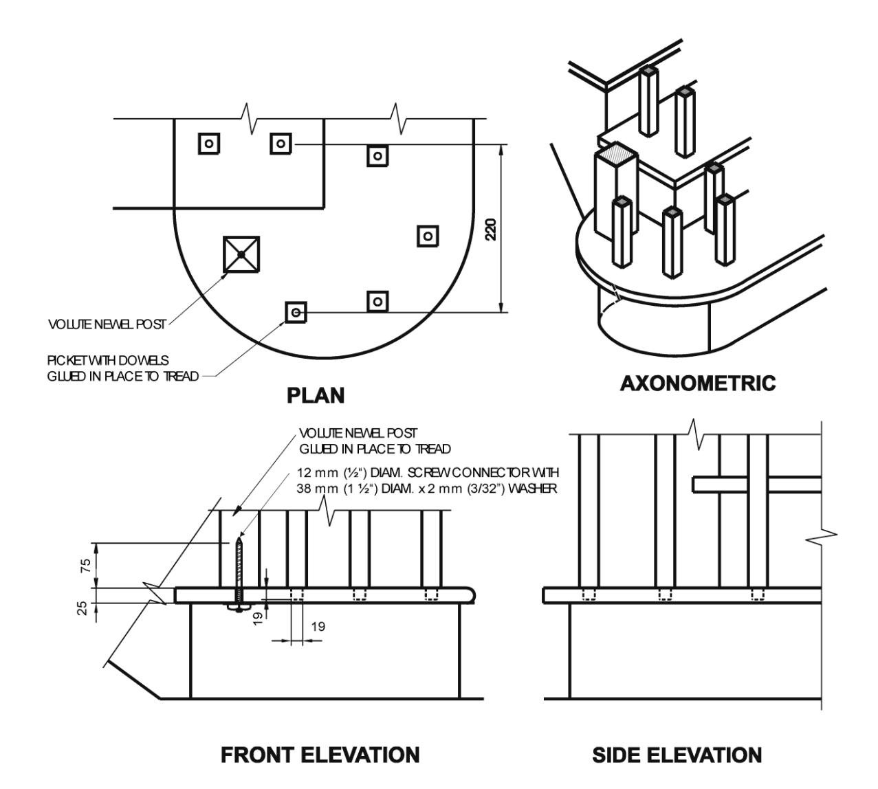 Multi-view construction diagram showing plan, axonometric, front elevation, and side elevation of a volute newel post with pickets attached using dowels glued to the tread and secured with a screw connector and washer.