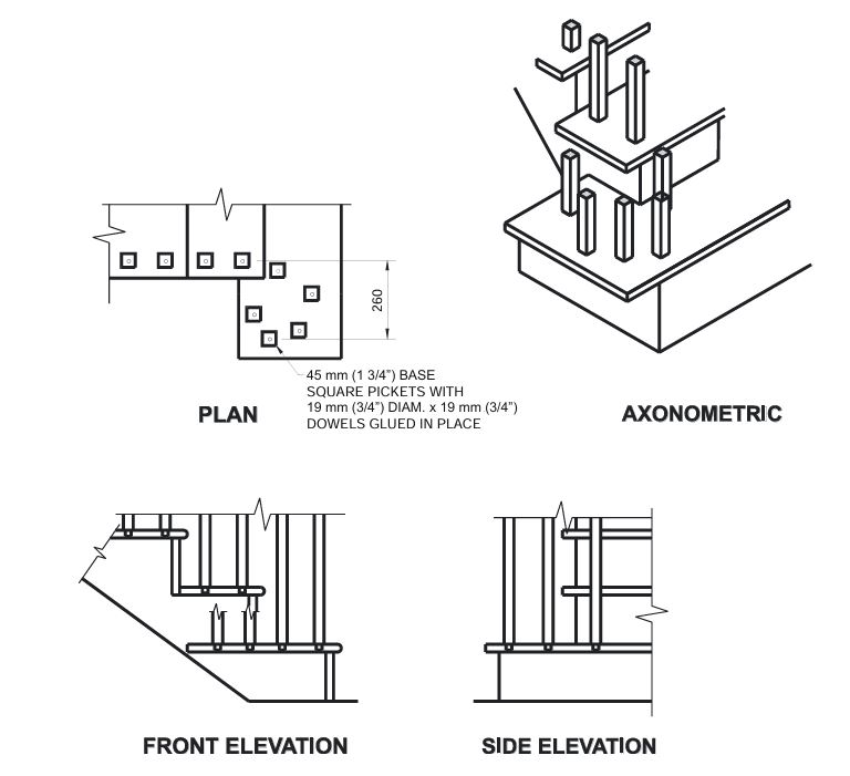 Detail IG-5 composite construction diagram. The first view shows plan and axonometric views of a corner stair landing with 45 mm square base pickets inserted into dowels that are glued in place through the tread. The second view is an elevation diagram of a stair guard railing, showing a continuous handrail connected to guard pickets at the landing and along the descending stair section. The third view is an elevation diagram of a stair guard at the landing-to-stair transition, showing pickets at the change in level and a guard rail that changes from vertical at the landing to an angled alignment following the stair stringer.