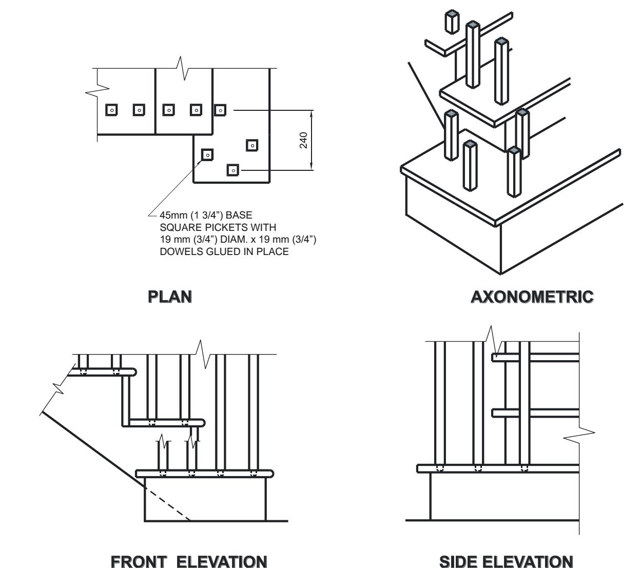 Multi-view construction diagram showing plan, axonometric, front elevation, and side elevation of a stair guard with 45 mm square pickets connected using dowels to the tread at landing and stair, with handrail at top and bottom rail.