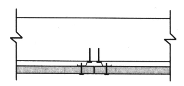 Simplified cross-section diagram of a layered wall assembly showing two fasteners connecting internal layers, with sheathing panels on either side and a structural framing member in between.