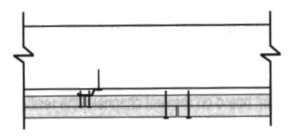 Simplified cross-section diagram of a layered wall assembly showing a cluster of fasteners centrally connecting the internal layers, with sheathing on both sides.