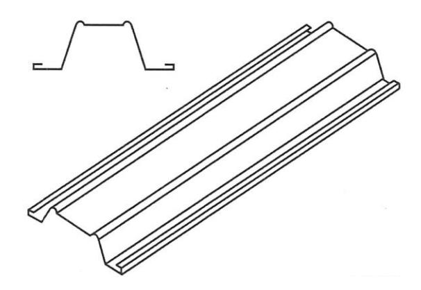 Isometric and cross-sectional drawing of a trapezoidal metal deck profile showing the ribbed double-groove form with a flat-bottomed trapezoidal cross-section.