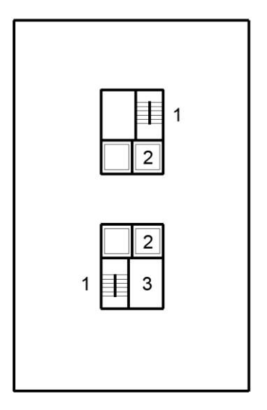 Floor plan diagram showing two staircase configurations&nbsp;— one with components labeled 1 and 2 opening upward, and another with components labeled 1, 2, and 3 opening downward.
