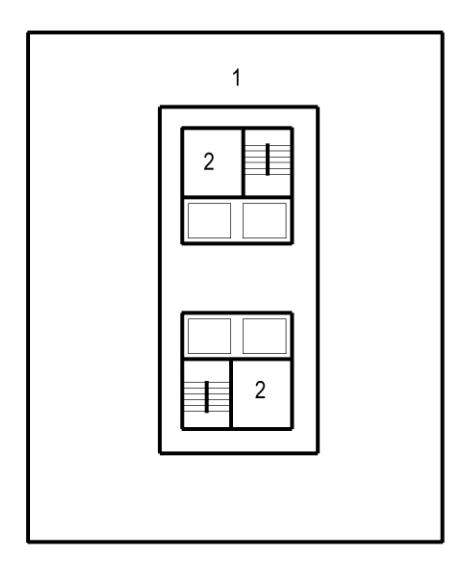 Floor plan diagram showing two vertically stacked staircase enclosures within a single enclosure labeled 1, with components labeled 2.