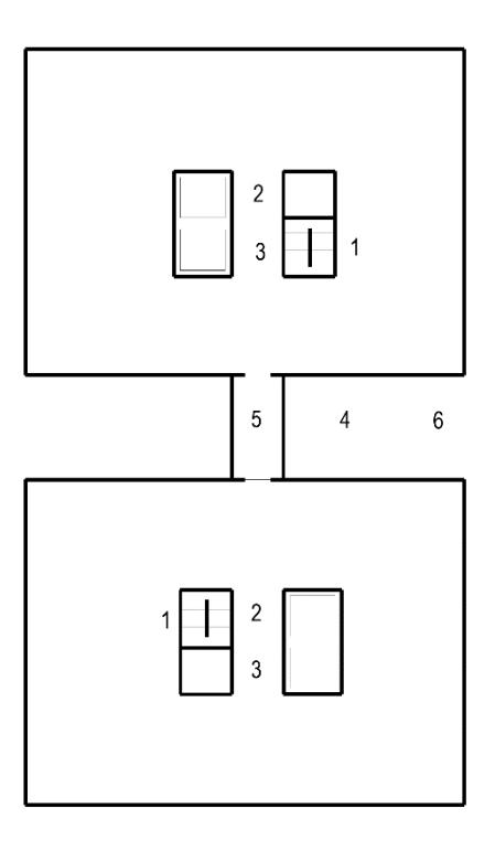 Floor plan diagram showing two separated floor areas connected by corridors, with staircase and service room components labeled 1 through 6.