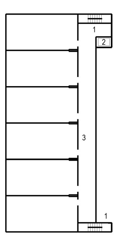 Floor plan diagram of a corridor layout showing a staircase enclosure with components labeled 1 and 2 at the top and a central corridor area labeled 3.