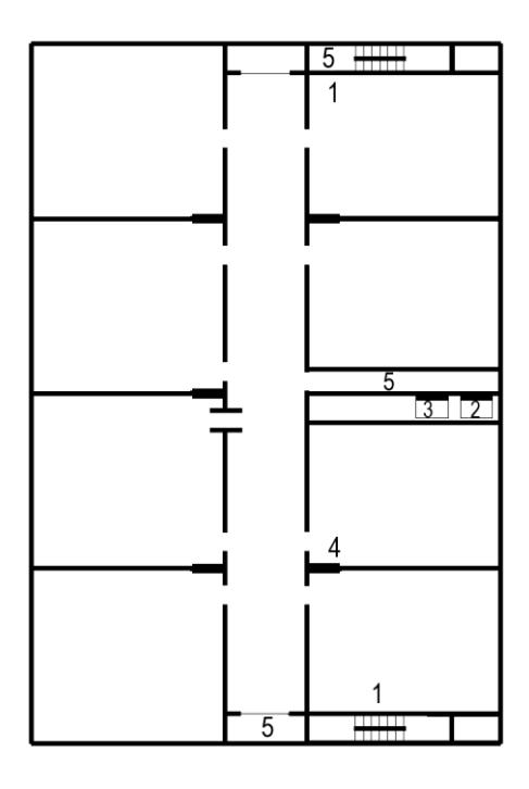 Floor plan diagram showing a double-loaded corridor with staircase enclosures, components labeled 1 through 5, and a central corridor separating two rows of rooms.