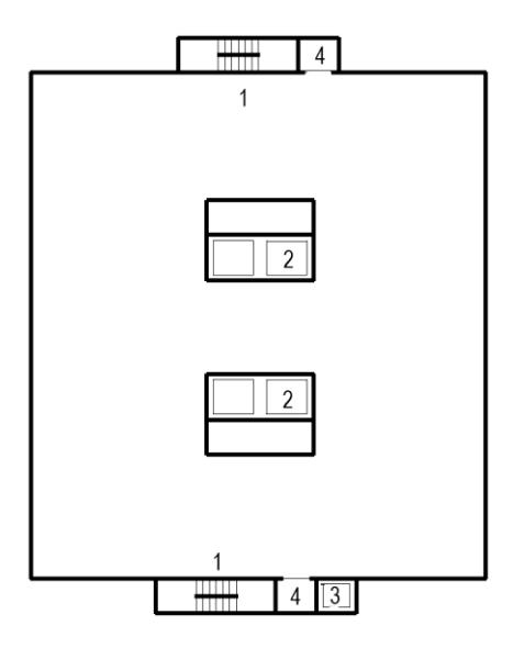Floor plan diagram of a large open floor area labeled 1 with two interior staircase enclosures each containing component 2, and exit components labeled 3 and 4 at the perimeter.