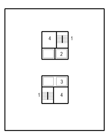 Floor plan diagram showing two staircase configurations with components labeled 1 through 4 indicating stair enclosures with different arrangements of rooms.