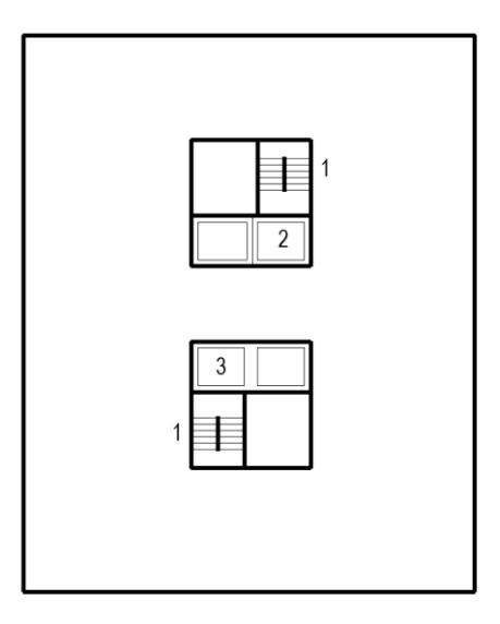 Floor plan diagram showing two staircase configurations with components labeled 1, 2, and 3 indicating stairs opening in different directions relative to the floor layout.
