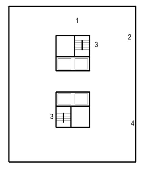 Floor plan diagram showing two staircase enclosure configurations with components labeled 1 through 4 indicating different stair and room arrangements.