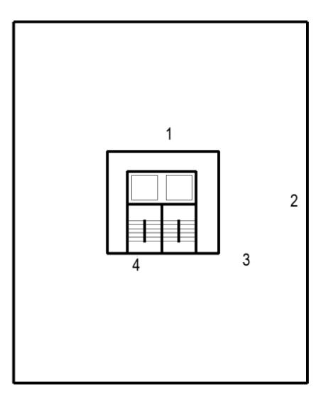 Floor plan diagram showing a single central staircase enclosure with components labeled 1 through 4 indicating structural zones and stair elements.