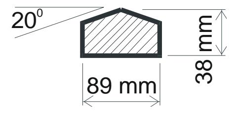 Dimensional diagram of a pentagonal wood ridge cap cross-section measuring 89 mm wide by 38 mm tall with a 20-degree angled top.