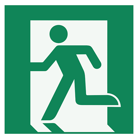 ISO 7010 safety sign E001: Emergency exit left. A green rectangular sign featuring a white stylized figure running toward a doorway on the left.
