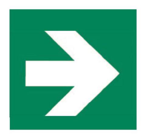 ISO 7010 safety sign E005: Directional arrow. A green rectangular sign with a white 90-degree directional arrow to be used in conjunction with exit symbols.