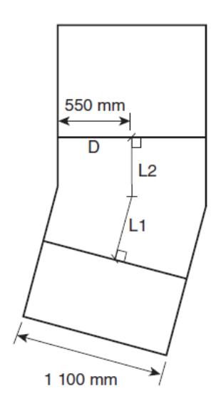 Plan of an angled ramp 1,100 mm wide, indicating a 550 mm offset D at the landing and orthogonal dimensions L1 and L2 defining the clear path through the change in direction.