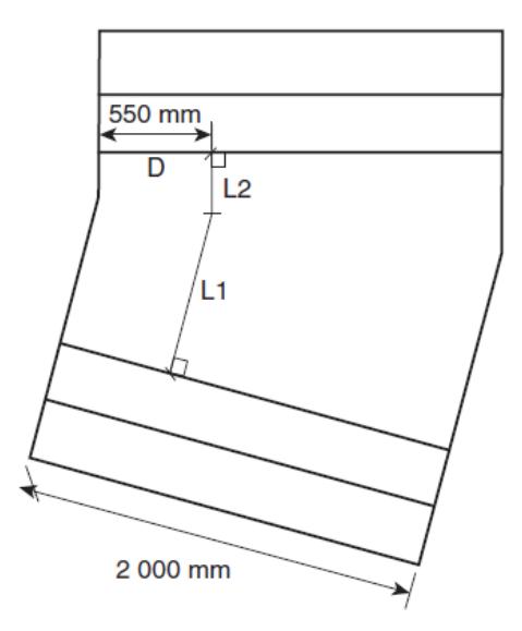 Plan of an angled wide stair 2,000 mm long, showing dimensions L1 and L2 orthogonal to a 550 mm offset D that define the clear path through the change in direction.