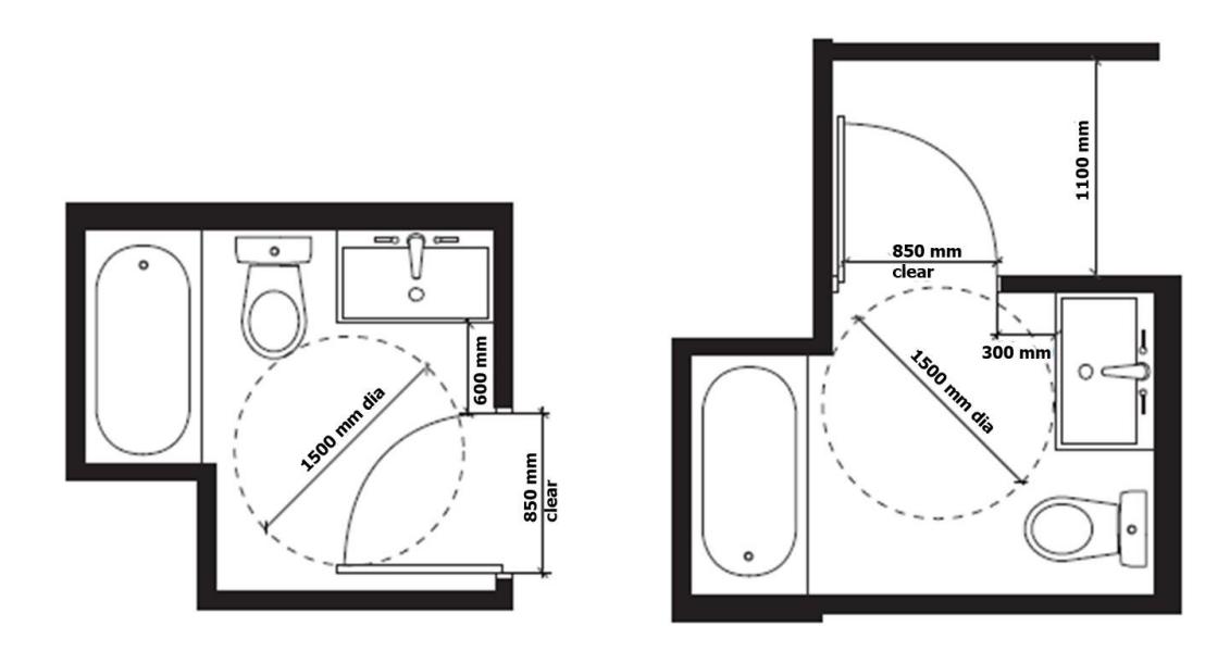 Two residential bathroom layouts showing the required 1,500 mm diameter turning space and 850 mm clear door widths, with fixtures arranged to maintain clearances in both standard and alternative configurations.