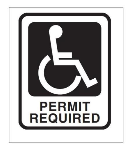 Black and white accessibility sign displaying the International Symbol of Access above the words PERMIT REQUIRED within a rounded rectangular border.