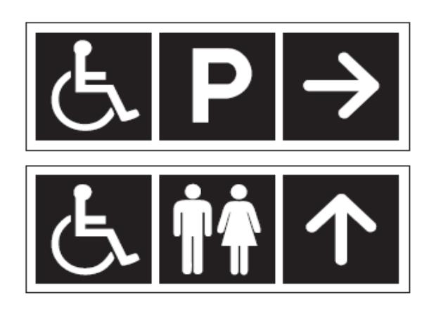 Two horizontal rows of wayfinding symbols showing the International Symbol of Access with parking and directional arrows, and combinations of accessibility, washroom, and straight-ahead route indicators.