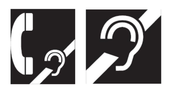 Pair of assistive listening symbols on dark squares, one combining a telephone handset with an ear icon and the other showing an ear with a diagonal bar, indicating telecommunication and listening assistance for people who are hard of hearing.