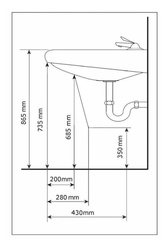 Section through a lavatory showing knee and toe clearances and rim heights, with the underside of the bowl at 685 mm, minimum clear knee space of 350 mm high, and a total depth of 430 mm including a 200 mm recess and 280 mm projection.