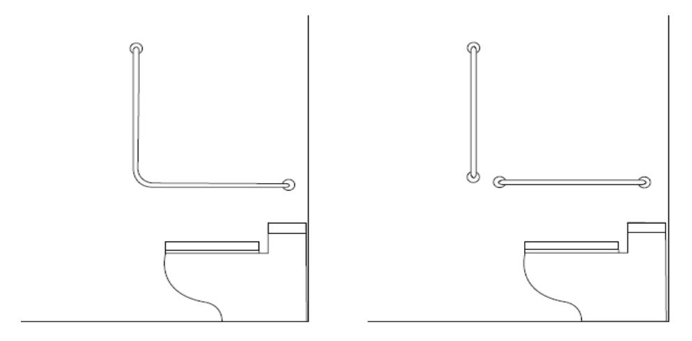 Two elevation views of a water closet with L-shaped and separate horizontal and vertical grab bars mounted on the side wall behind and beside the fixture.