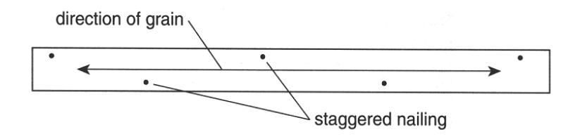 Plan view of a wood member with nails driven in a staggered pattern along the length parallel to the direction of grain, illustrating staggered nailing to reduce splitting.