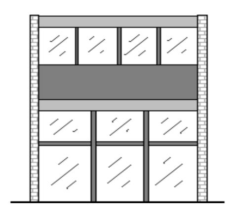 Front elevation of a two-storey storefront with large glazed areas at ground level, a solid spandrel band at the intermediate floor, and a continuous strip of upper windows framed between brick piers at each side.