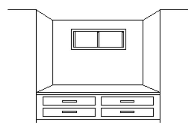 Interior elevation of a built-in window seat with four drawers beneath and a small horizontal sliding window centred in the wall above the seat between two side walls.