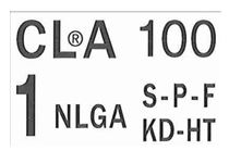 Facsimile of the Ontario Forest Industries Association grade mark featuring the CLA (Canadian Lumbermen's Association) logo. The stamp includes the mill identification number 100, a large grade number 1, the grading rule NLGA, species designation S-P-F, and the treatment status KD-HT.