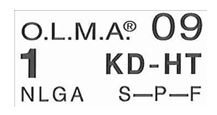 Facsimile of the Ontario Lumber Manufacturers' Association grade mark. The stamp features the association acronym OLMA, the mill identification number 09, a large grade number 1, the treatment status KD-HT, the grading rule NLGA, and the species designation S-P-F.