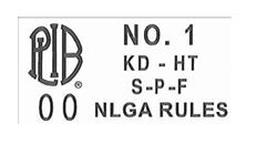 Facsimile of the Pacific Lumber Inspection Bureau (PLIB) grade mark. The stamp features the grade NO. 1 at the top, followed by the treatment status KD-HT, the species designation S-P-F, and the text O O NLGA RULES at the bottom.