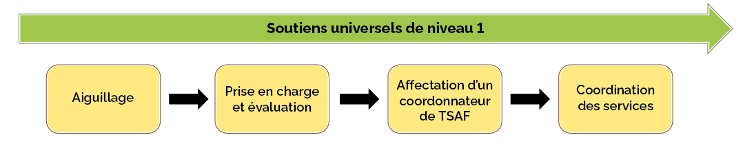 Diagramme du processus de prestation de services de coordination en matière de TSAF. Les étapes sont décrites dans des encadrés comme suit : aiguillage, prise en charge et évaluation, affectation d’un coordonnateur de TSAF et coordination des services, avec des flèches indiquant la progression du processus entre les deux. Au-dessus des étapes se trouve une flèche horizontale primordiale indiquant les soutiens universels de niveau 1, indiquant les soutiens accessibles à tout moment.